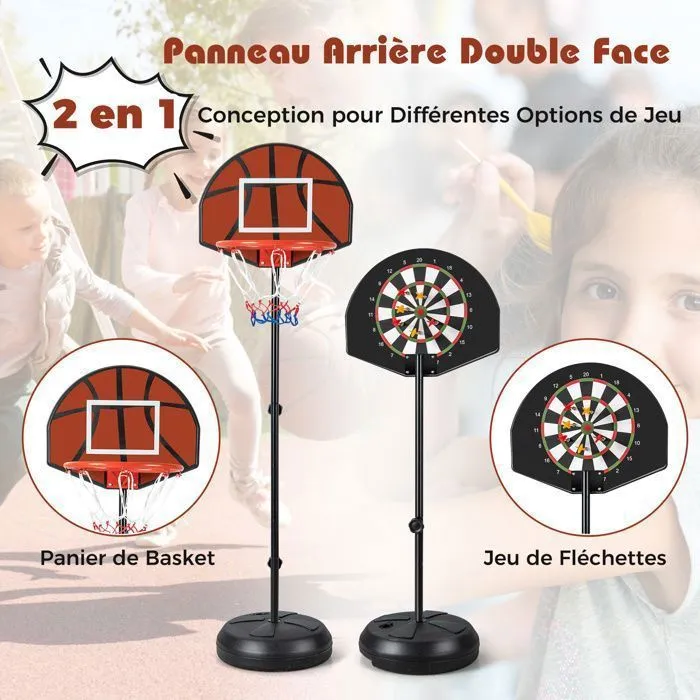 Panier de Basket-Ball sur Pied COSTWAY-2 en 1 Cible de Fléchettes-Hauteur Réglable 130-180cm-Panneau Double Face-Base Remplissable-1