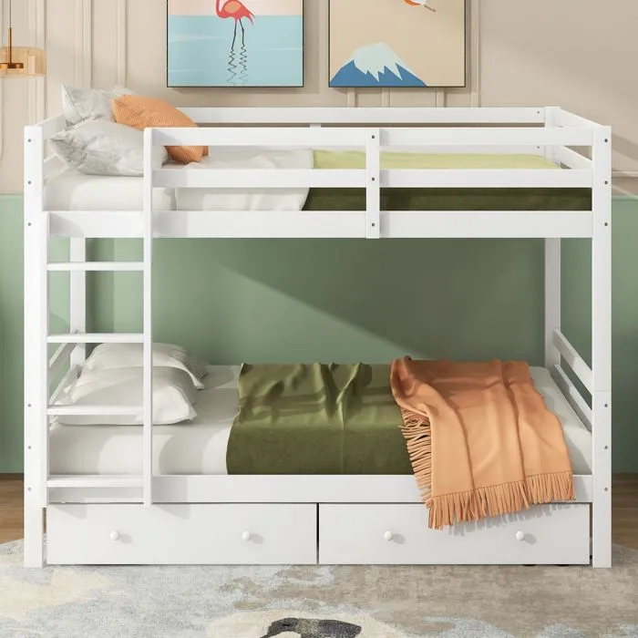Lits superposés 140 x 200 cm avec 2 grands tiroirs - garde-corps et escalier - Bois MDF - gris-1