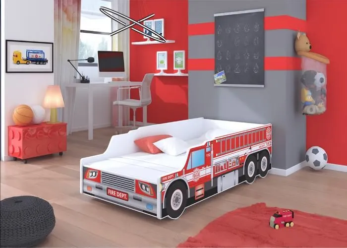 Lit enfant pour garçon Camion de pompier avec matelas et sommier inclus - 140 cm x 70 cm-1