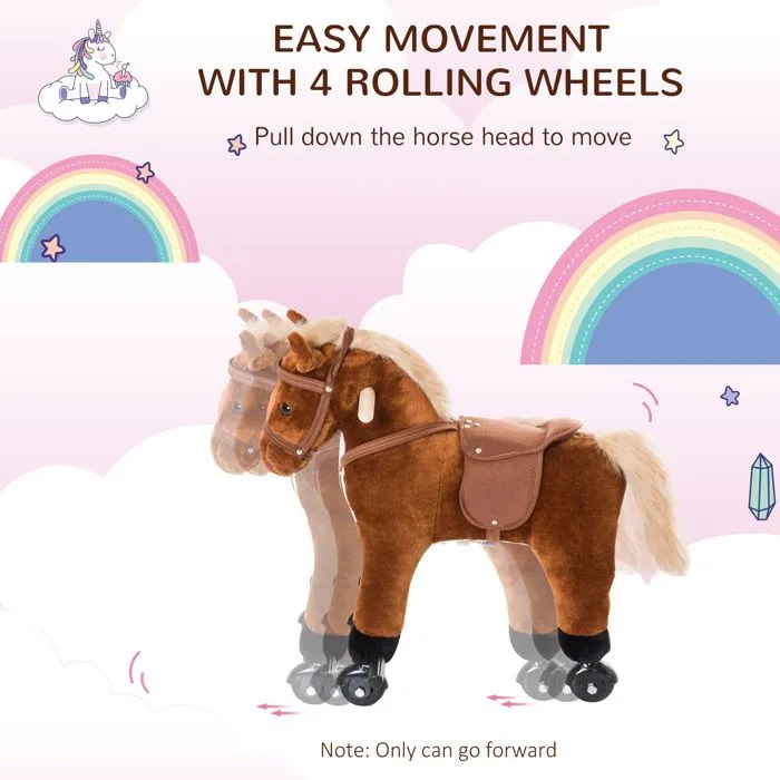 Cheval pour enfant - HOMCOM - +36 mois avec 4 roulettes - effet sonore, repose-pieds et guidon - Charge 60 kg 55x23x60 cm - Marron-4