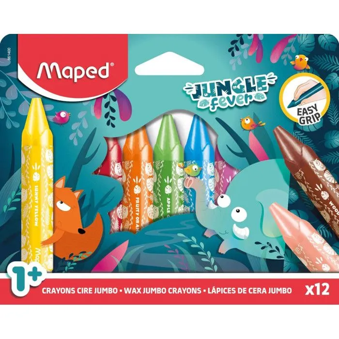 Crayons de Cire - Maped - Jungle Fever - 12 Crayons - Couleurs Éclatantes - Protection en Papier-0