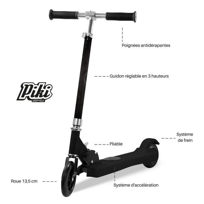 Trottinette avec assistance électrique PIKI Wonder One noir, pliable, 100W, pour Enfant avec batterie Lithium-3