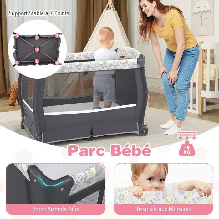 Lit Parapluie Bébé Pliant COSTWAY 4 en 1-avec Matelas,Boîte à Musique,Toit Réglable-Table à Langer Rabattable-Gris Bougainvillier-3