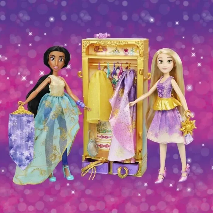Disney Princesses Le dressing de Jasmine et Raiponce, armoire avec tenues pour poupées, jouet pour enfants, dès 3 ans-1