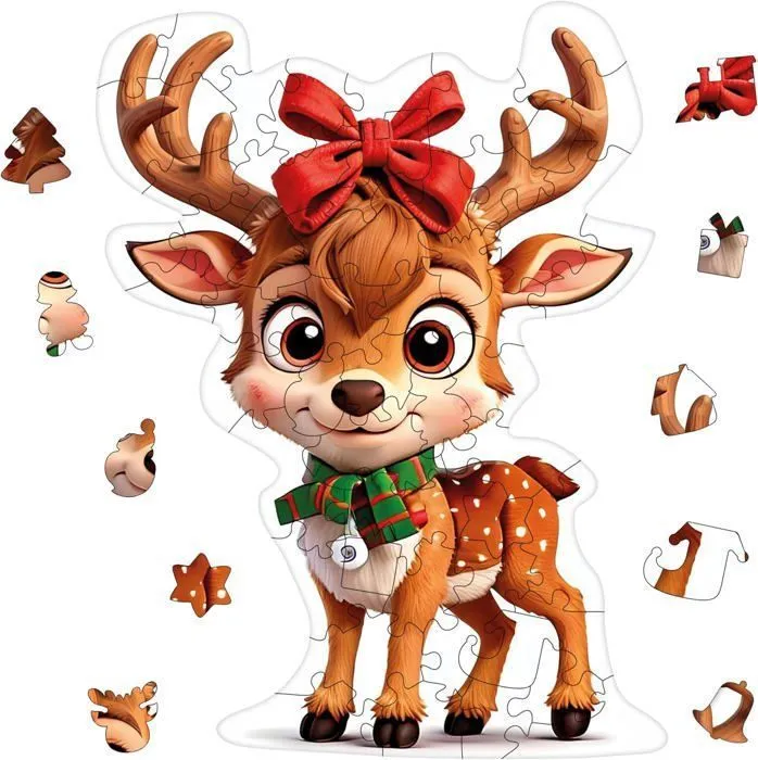 Puzzles en bois, motif Noël, série Christmas, 25x31 cm, 50 pièces, kit Caramel Reindeer - Miliwood-0