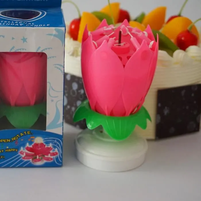 Bougie d'anniversaire - Lotus - Musique Joyeux Anniversaire - Bleu - Double Couche - Décoration de Fête-1