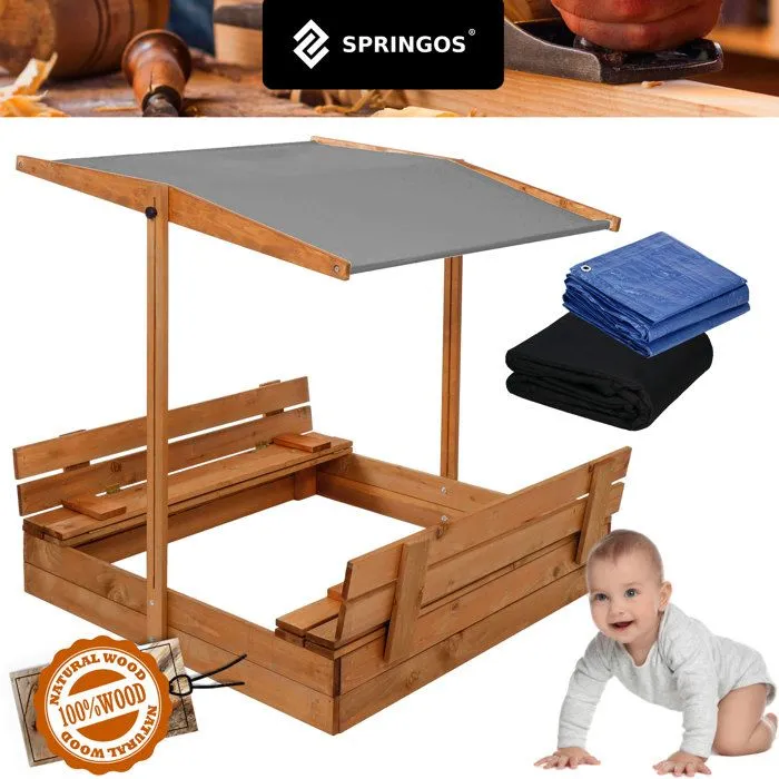Bac à Sable - Springos - 120 x 120 cm - Bois Massif - Bancs Pliables - Toit Réglable-5
