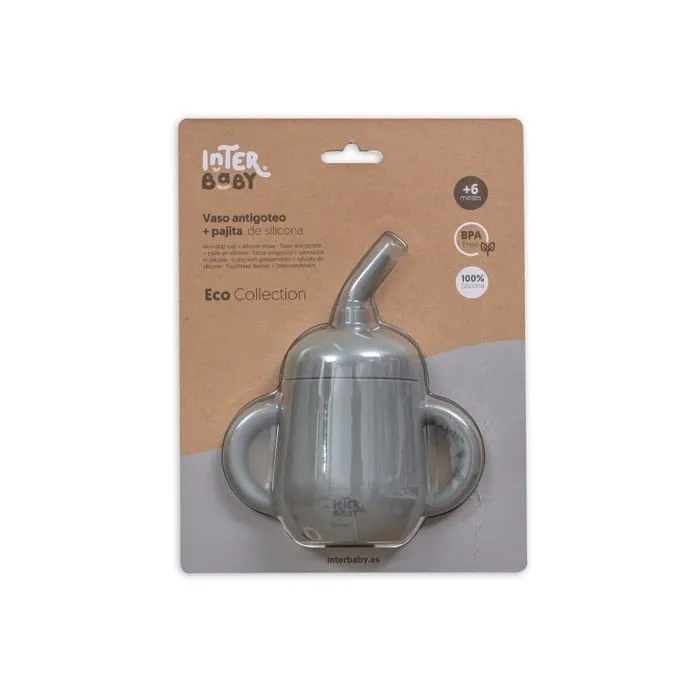 Tasse a bec - gobelet - verre d'apprentissage Interbaby - SI007-76 - Tasse Anti-goutte et paille pour bebe en silicone gris-0