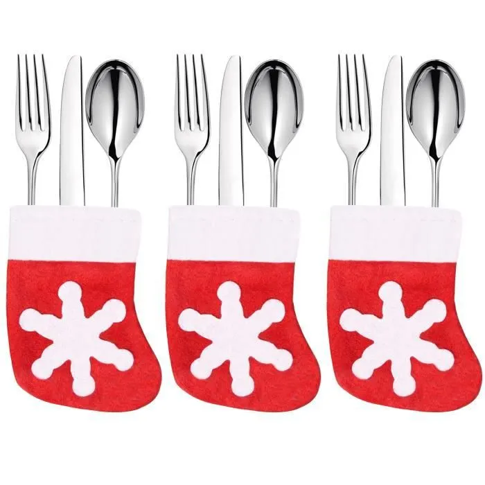 Décoration de table - SPRINGOS - 3 Pcs Porte-couverts de Noël - Rouge - Flocon de neige blanc - Tissu textile-1
