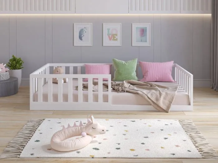Lit au sol Montessori en bois blanc 90x200 cm, Lit Enfant pour filles et garçons-1