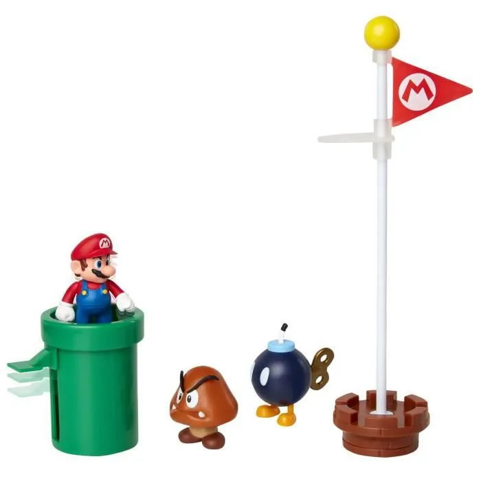 Coffret de 5 figurines MARIOBROS Thème Plaine du Grand Chêne - Mario, Goomba, bombe, drapeau inclus-3