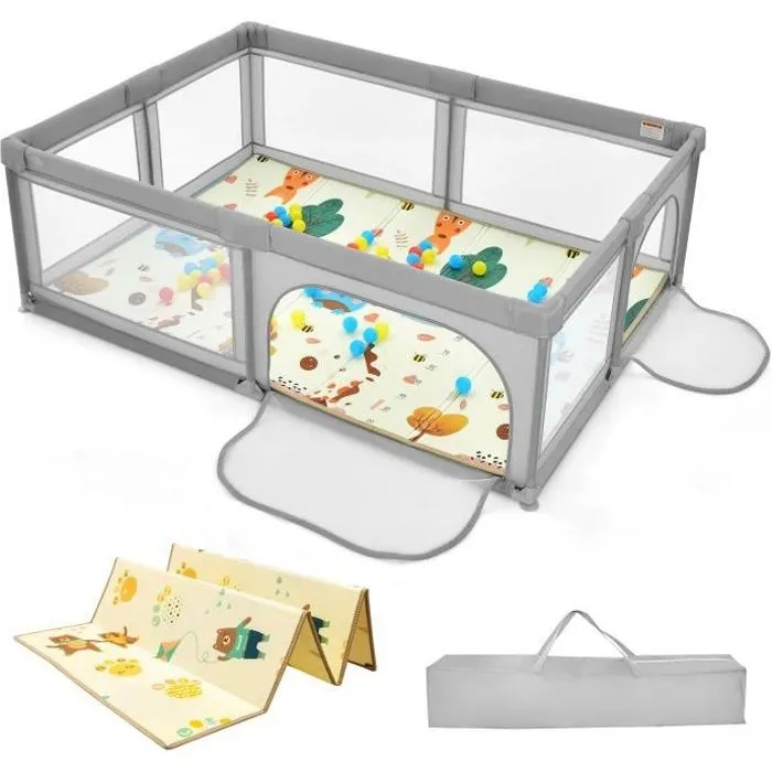 COSTWAY Parc Bébé 205x147x68,5CM avec Tapis de Jeu Pliable en Mousse XPE Porte de Sécurité 50 Balles Colorées Sac de Transport Gris-0