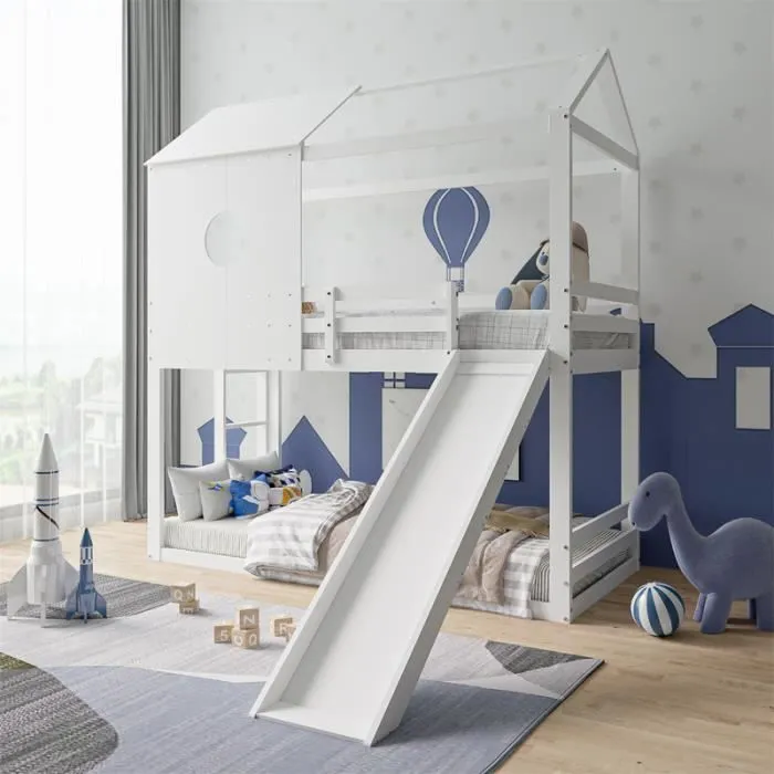 Lit superposé 90x200cm, lit cabane enfant avec échelle et toboggan, antichute, Pin + MDF, blanc-1
