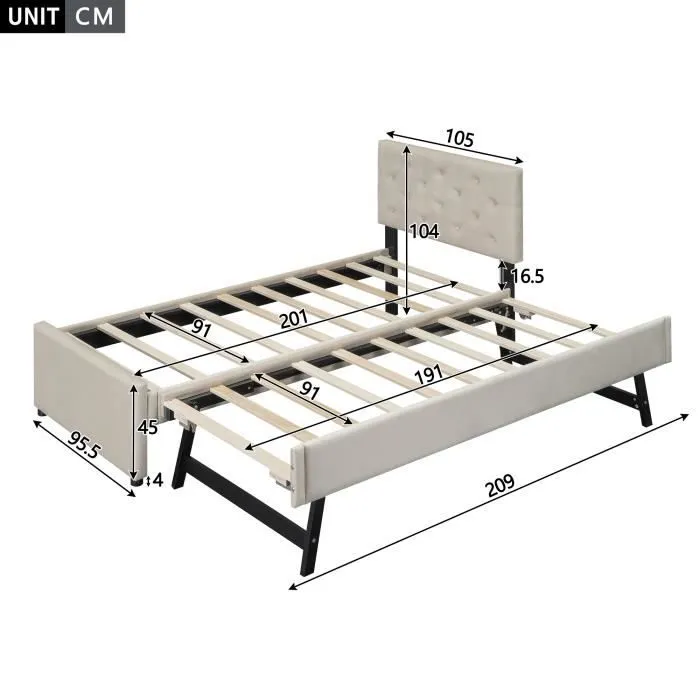 Lit gigogne - Velours - 90x200cm + 90x190cm - 2 places - Sommier à lattes - Montage facile-3