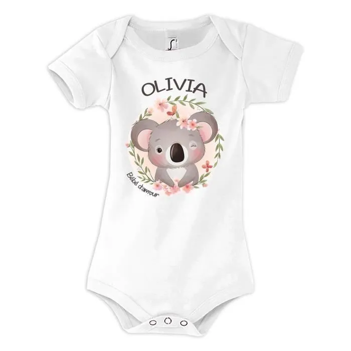 Body bébé d'amour Koala - Olivia - Blanc - Qualité premium - Fermeture facile-0