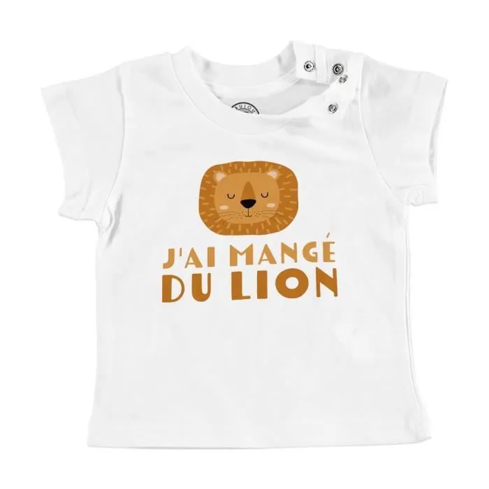 T-shirt Bébé Manche Courte Blanc J'ai mangé du Lion Enfant Dessin-0