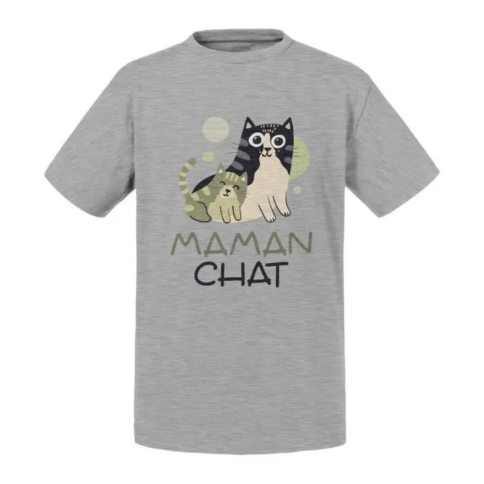 T-shirt Enfant Gris Maman Chat et son Chaton Dessin Illustration Bebe-0