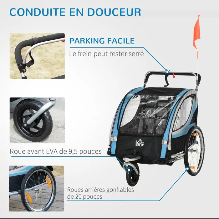 HOMCOM Remorque vélo pour Enfant 2 en 1 Convertible Jogger Poussette capacité 26,4 kg avec réflecteurs et Drapeau - 2 Places - Bleu-5