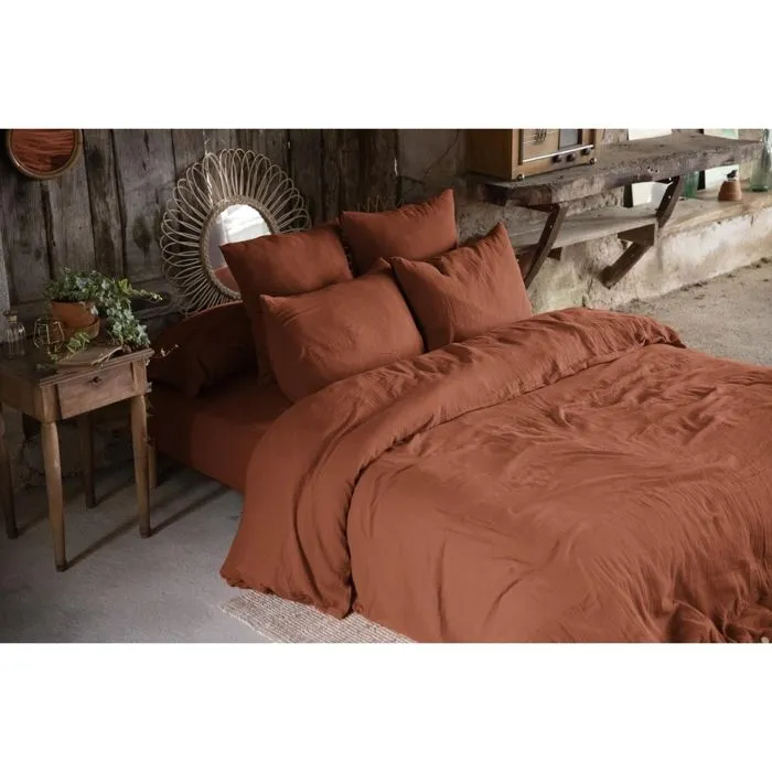Pack gaze de coton parure de couette 260X240 cm + drap housse 160X200 + 2 taies 50X70  Orange-0