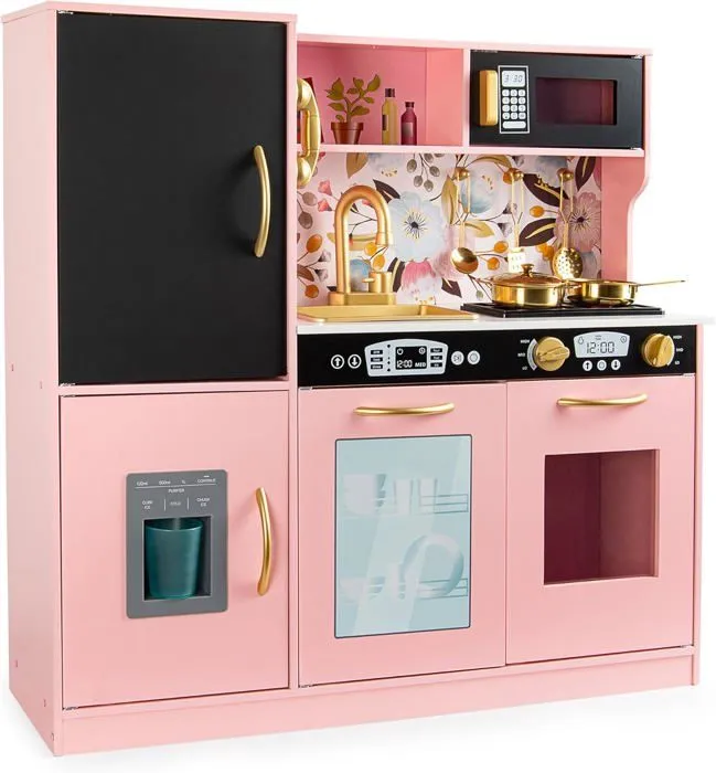 Cuisine en Bois MEMO Pink pour Enfants : Lumières et Sons Réalistes, Accessoires Dorés ! Amusement et éducation!-0