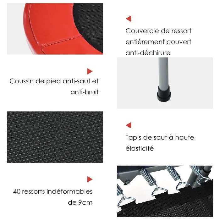 COSTWAY Trampoline Enfants Pliable Intérieur/Extérieur avec Main Courante Ajustable Coussin Tapis de Saut Charge 150kg Rouge-3
