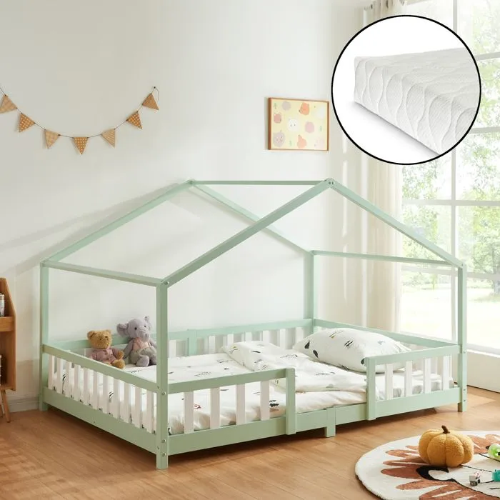 Lit d'enfant Treviolo Forme Maison avec Matelas à Mousse à Froid 200 x 140 cm vert menthe-0