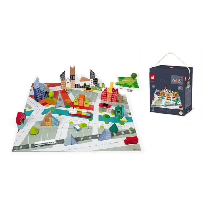 Kubix 60 Blocs + Puzzle Carton Ville - Jouet de Construction en Bois - Dès 3 ans-3