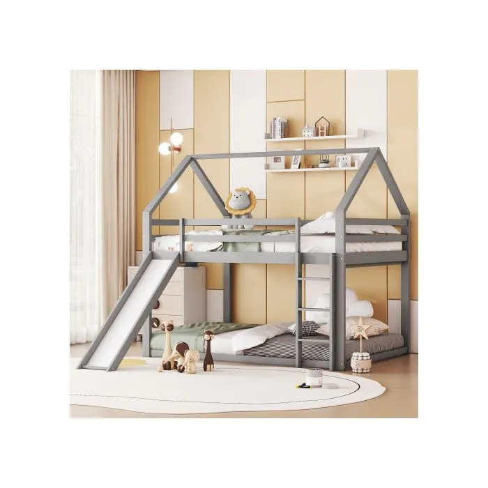 Lit superposé avec toboggan et échelle, lit superposé pour chambre d'enfant, gris, 140x200 cm-3