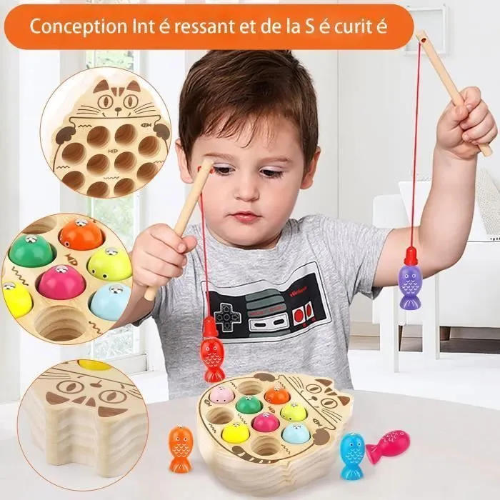 Jouet Enfant en Bois, 10 PACK Mini Jeu de Pêche Magnetique, Activite Enfant Cadeau pour 2 3 4 5 Ans-1