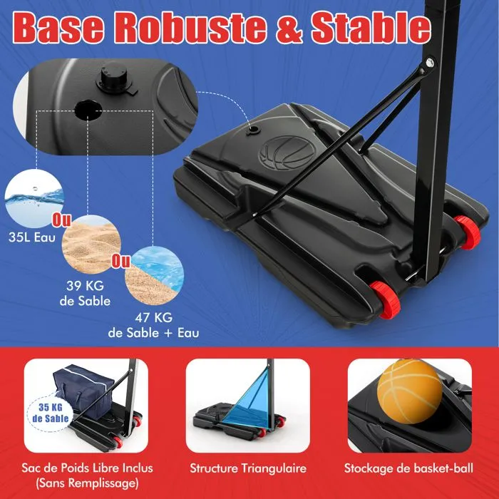 Panier de Basket-Ball sur Pied COSTWAY Hauteur Réglable 105-260cm-Tableau Arrière 82cm-2 Roues-Base Remplissable 35L-Ballon,Pompe-2