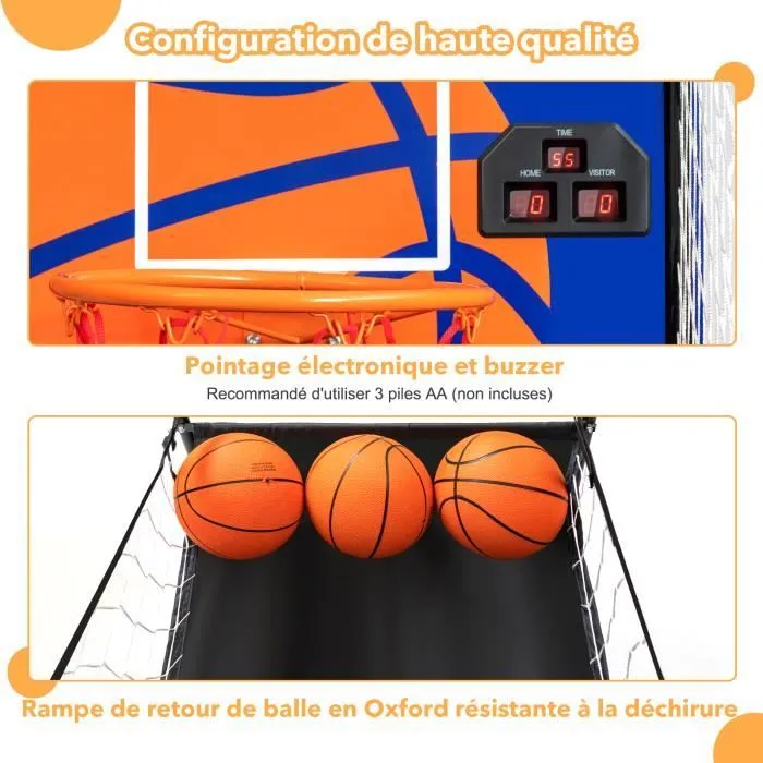 COSTWAY Jeu de Basketball Arcade Enfants Pliable avec Marqueur Electronique, Buzzer, 3 Ballons Pompe Diamètre du Panier 32 cm 8 Ans+-2