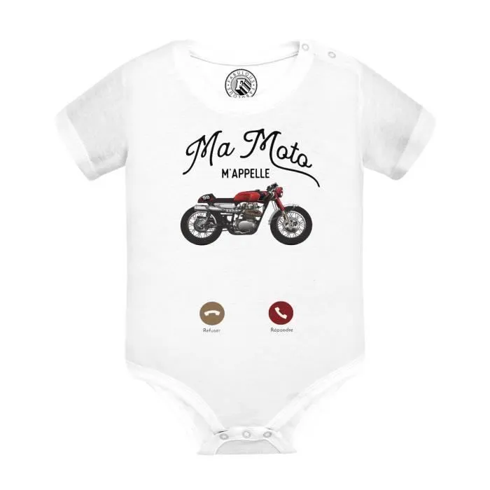 Body Bébé Manche Courte Blanc Ma Moto M'Appelle Passion Gros Cylindre Cafe Racer-0