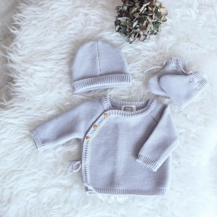 Kit naissance bébé - Non spécifié - Brassière, Bonnet, Moufles - Maille point mousse - 100% acrylique-1