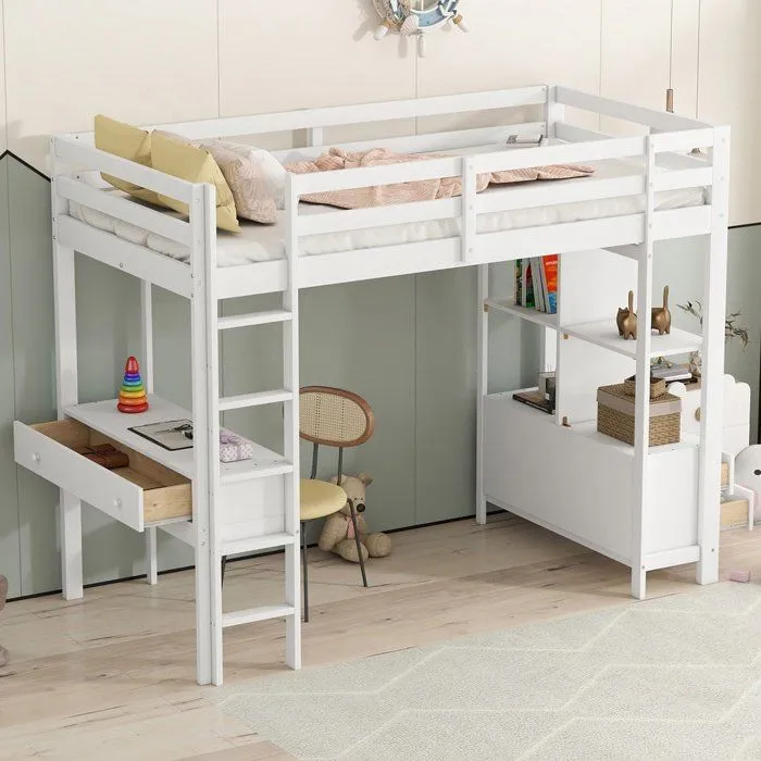 Lit mezzanine - Blanc - 90 x 200 cm - Avec bureau et tiroirs - 1 place - Design contemporain-0