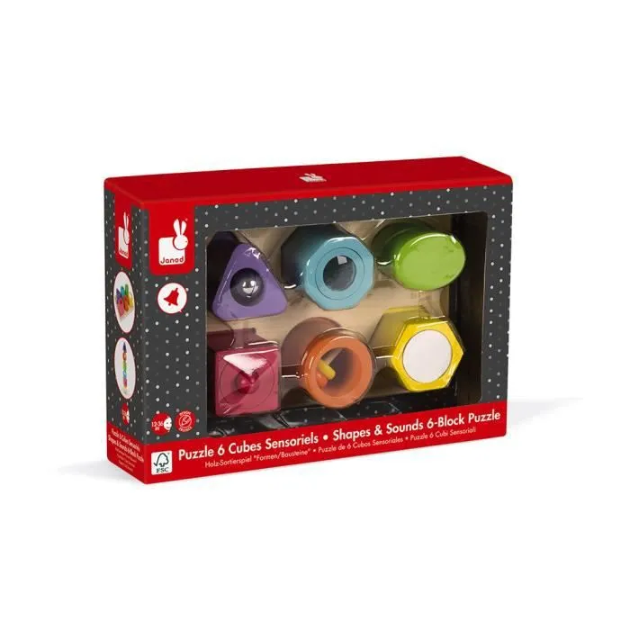 Puzzle 6 cubes sensoriels en bois - Janod - Dès 1 an - Certifié FSC-3