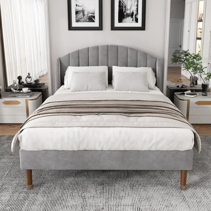 Lit double 160x200 cm avec sommier à lattes en bois et tête de lit, lit ado, lit enfant - lit en velours gris-0
