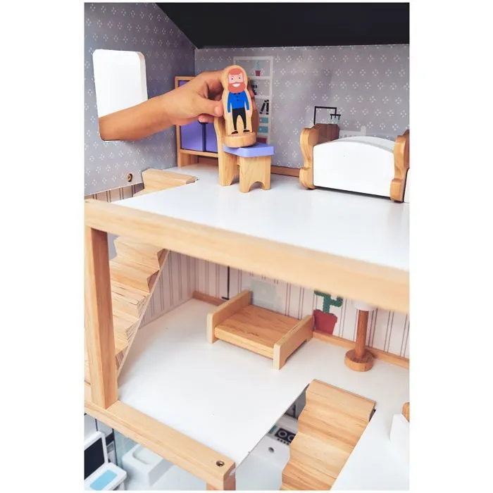 Mamabrum Maison de Poupées en Bois avec Grande Terrasse 4 Figurines, 3 Etages, 2 Chambres, Cuisine, Salon & 19 Pièces Mobiles (CE)-5