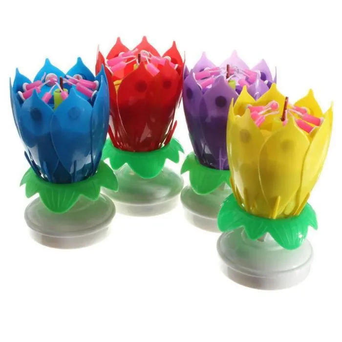 Bougie d'Anniversaire Fleur Lotus Rotation Musique Décoration Gâteau Fête Couleur Jaune-3