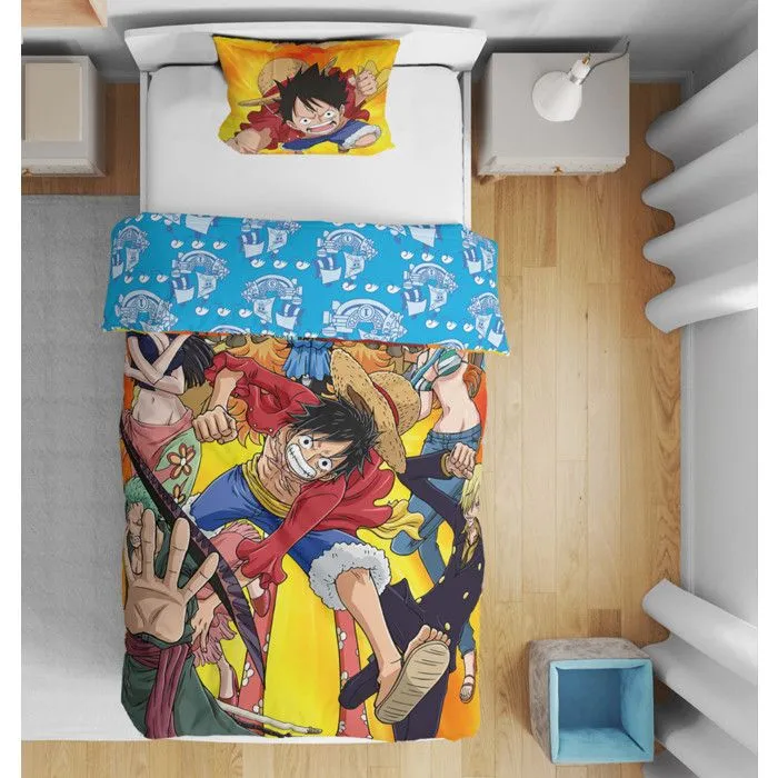 One Piece, Parure de Lit Enfant Imprimée Réversible, Modèle Luffy Equipage, Housse de Couette 140x200 cm, Taie d’Oreiller 63x63 cm-0