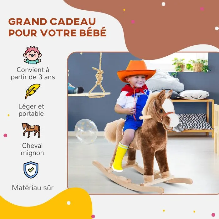 Cheval à bascule cheval de cowboy selle grand confort peluche courte douce bois peuplier brun blanc-4
