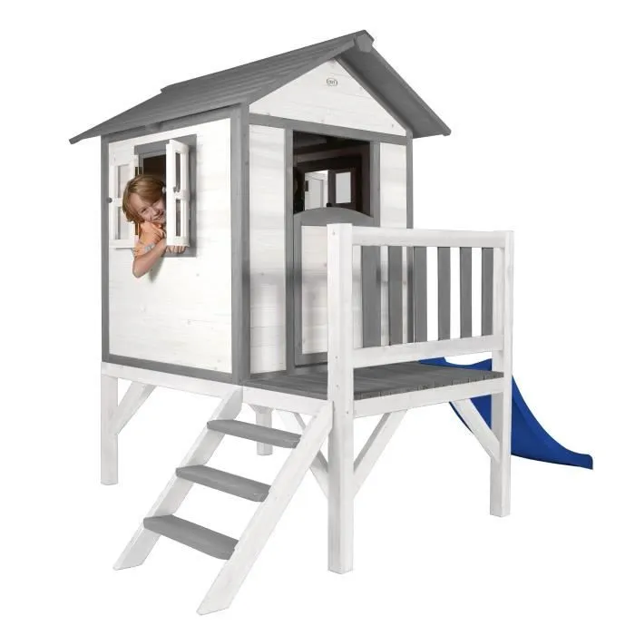 AXI Maison Enfant Beach Lodge XL en Blanc avec Toboggan en Bleu | Maison de Jeux en Bois FFC pour Les Enfants | Maisonnette-0