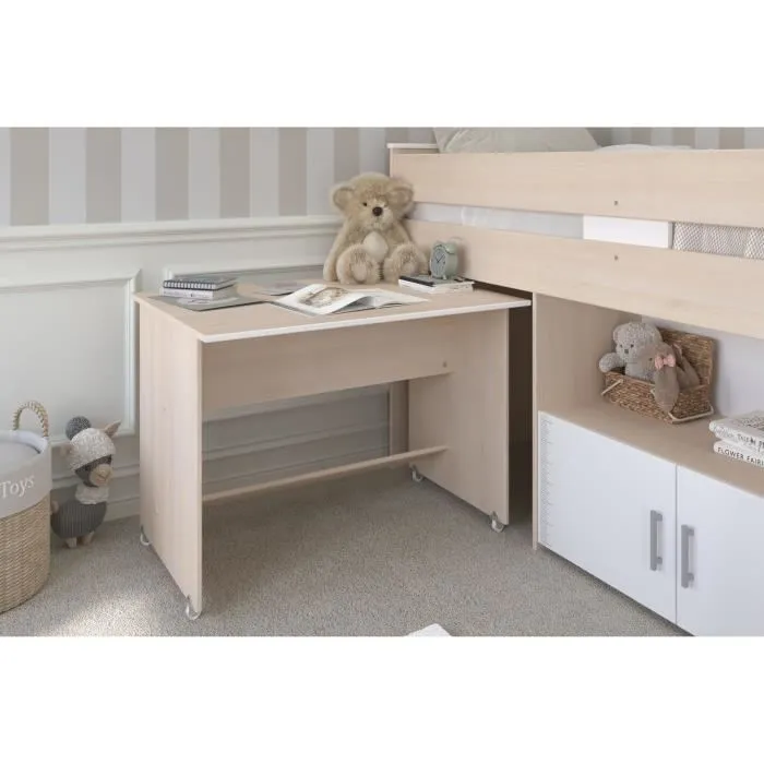 Lit combiné enfant Parisot ZOLA 90x200 cm - 2 portes - Avec bureau - Décor acacia clair et blanc-5