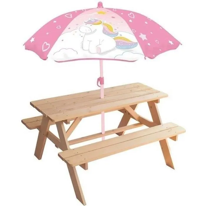 Table pique-nique Licorne en pin avec parasol - FUN HOUSE - H.53 x l.95 x P.75 cm - Pour enfant-0