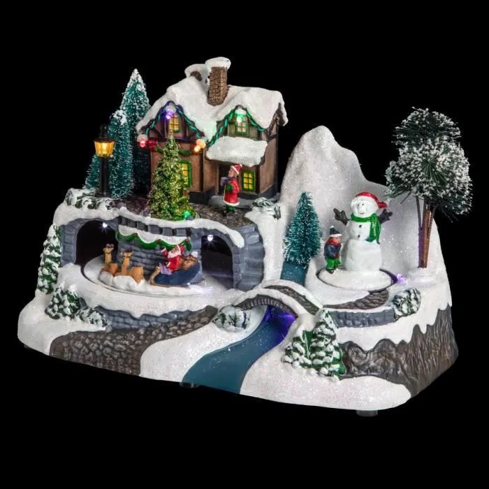 Village de Noël animé LED - Feeric lights - Père Noël et traineau - 10 LED - Multicolore - Intérieur-0