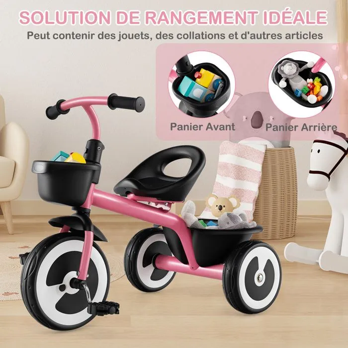 COSTWAY Tricycle pour Enfant avec Pédale, Siège Réglable, Paniers de Rangement, Fer Carbone Robuste, 4 Roues EVA, 1,5 à 5 Ans, Rose-3