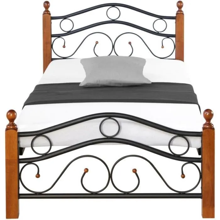 Lit - HOMESTYLE4U - 2269 - Métal bois foncé - 1 place - Sommier et matelas inclus-2