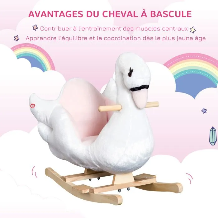 Cheval à bascule - HOMCOM - Modèle cygne - Fonction musicale - Assise enveloppante - Cale-pieds - Blanc rose-5