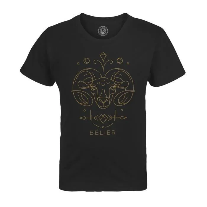 T-shirt Enfant Noir Belier Signe Astrologie Bohème Zodiaque Astres Constellation-0