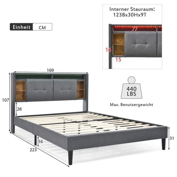 Lit adulte 160x200 cm - Tête de lit avec rangement , LED et ports USB - Sommier inclus - Gris-5