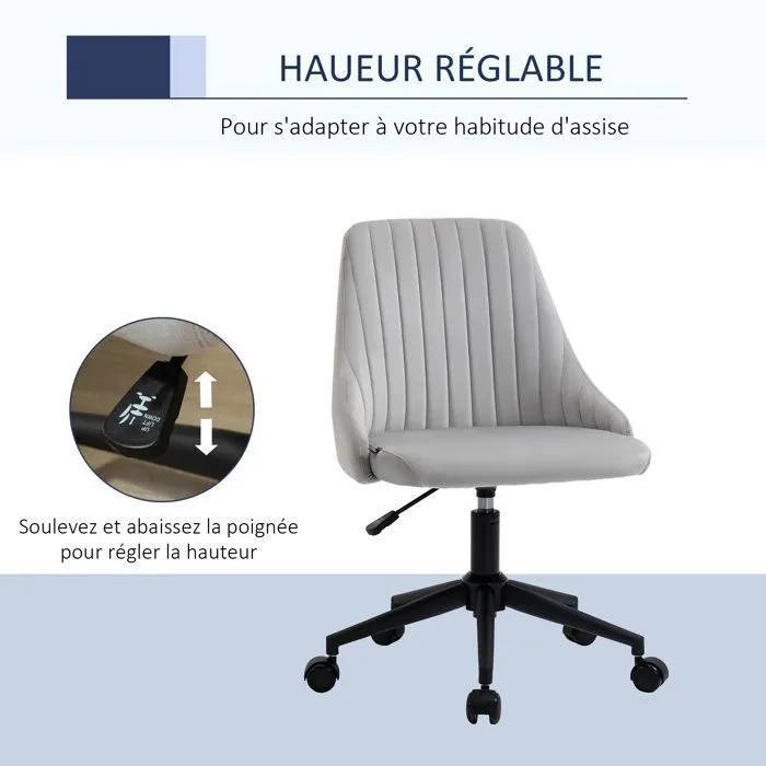 Vinsetto Chaise de bureau design contemporain pivotante 360° ergonomique dossier strié hauteur réglable revêtement velours gris-4
